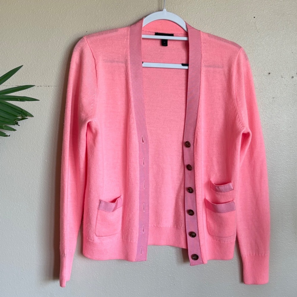 J.Crew Cardigan Knit Slim Grosgrain Ribbon Trim Pockets Pink Workwear Casual